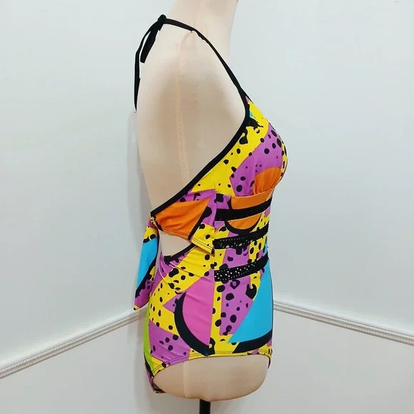 Retro 90s Neon Geometric Animal Print One Piece Halter Swimsuit Mesh Trim NWOT - Picture 3 of 6